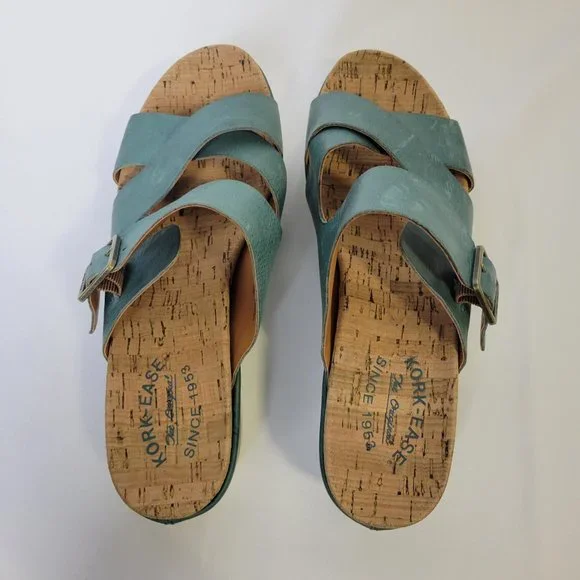 Kork-Ease Womens Callie Sandals Slides Wedge Heel Tan Teal Blue Leather Size 10M - Picture 6 of 9